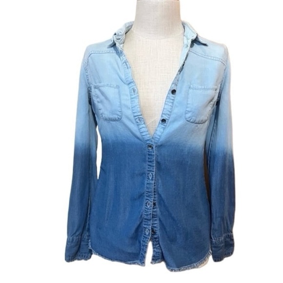 Maurices Small Denim Chambray Long Sleeve Button Up Shirt Bleached Dip Dye - Picture 3 of 7